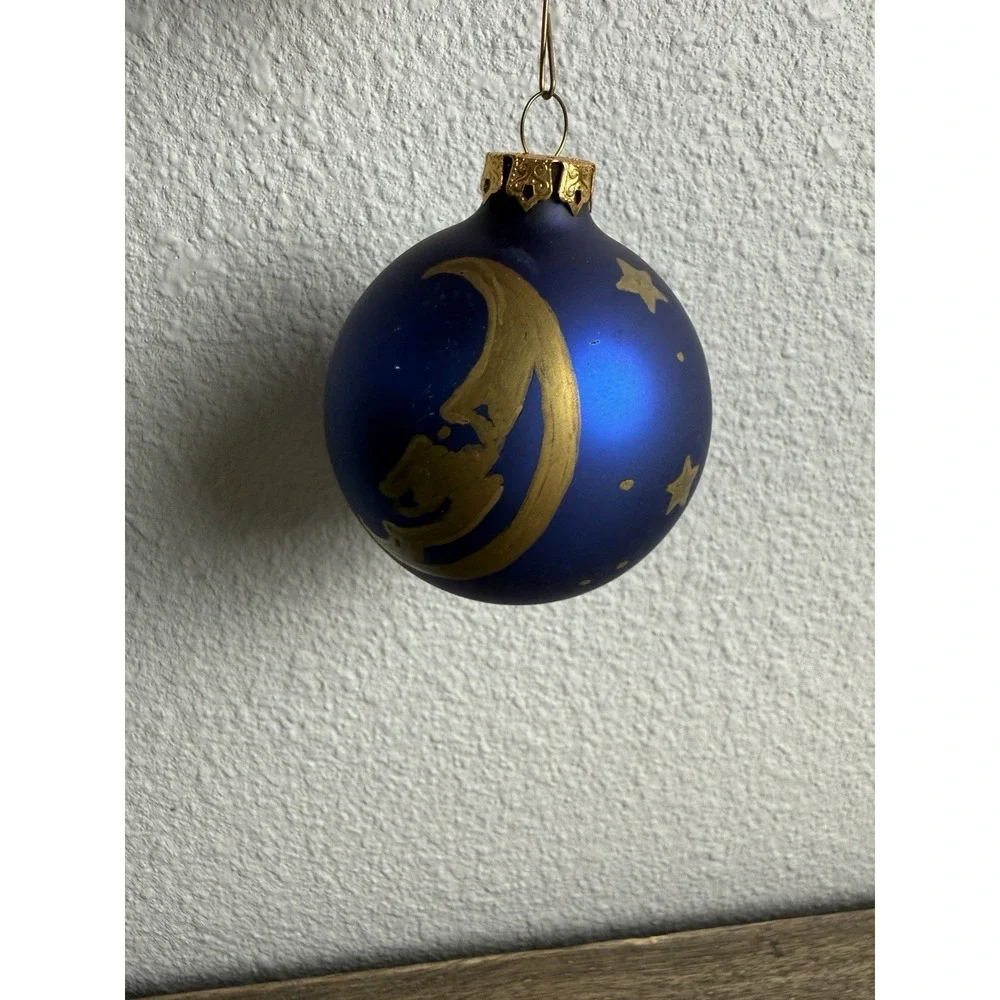 Signed Celestial Moon Stars Hand Painted Blue Glass Ornament Vintage 1993 Studio